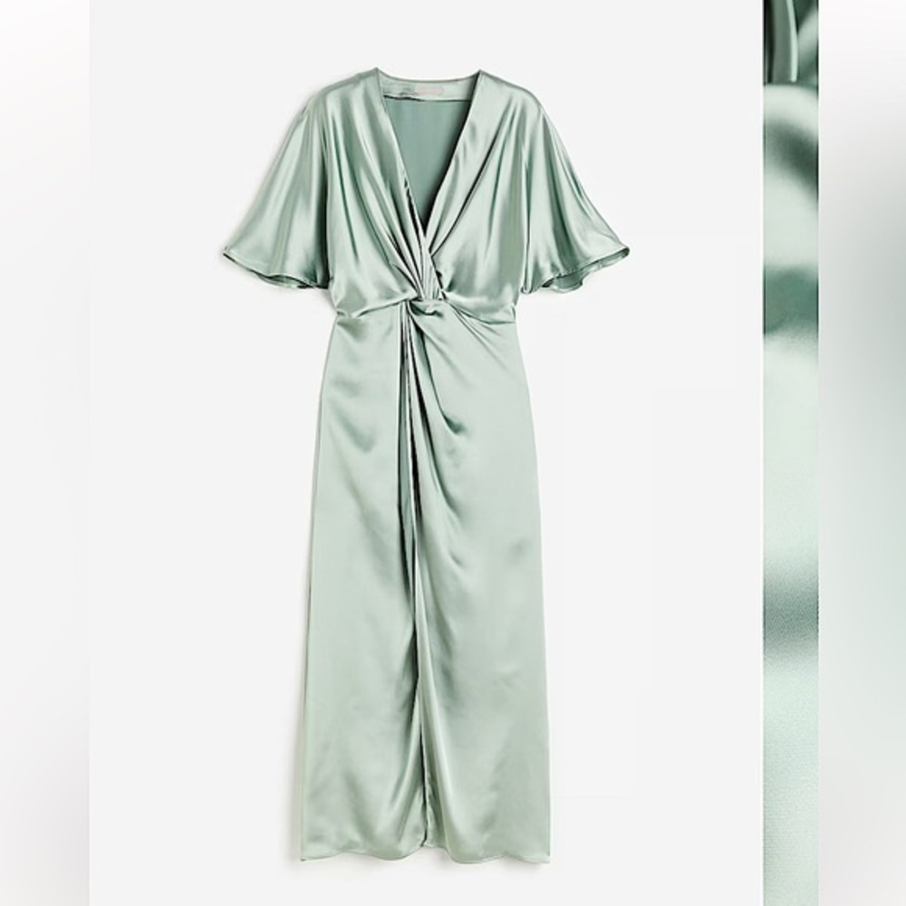 H&M satin green maxi draped dress slit sleeve